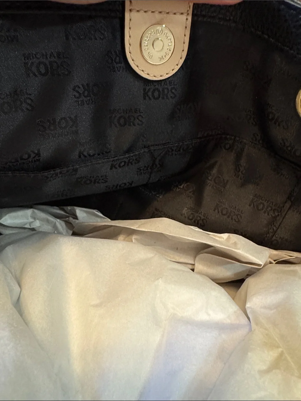 NWT$278 Michael Kors Black Pebbled Leather Tote Tan Straps Career Travel *FLAWED